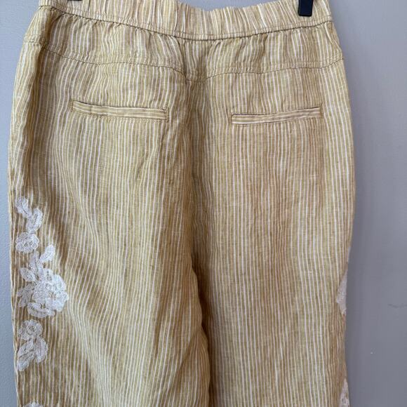 Anthropologie 100% Linen Yellow Stripe Floral Embroidered Pants Sz Sml Boho - Picture 5 of 15